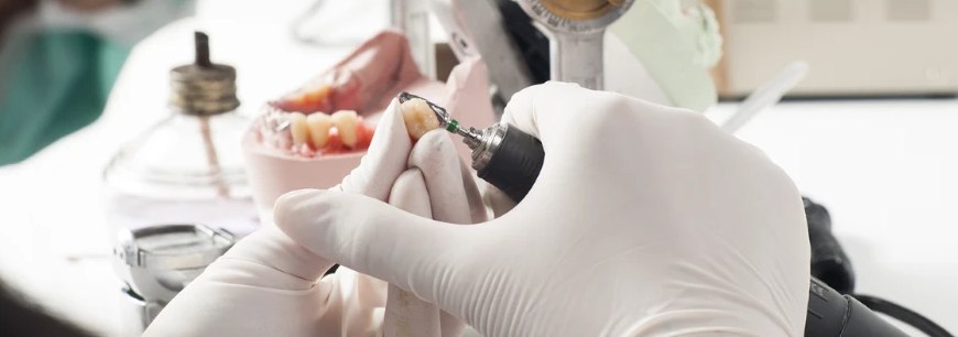 치아 보철물을 다듬는 기공 작업 모습